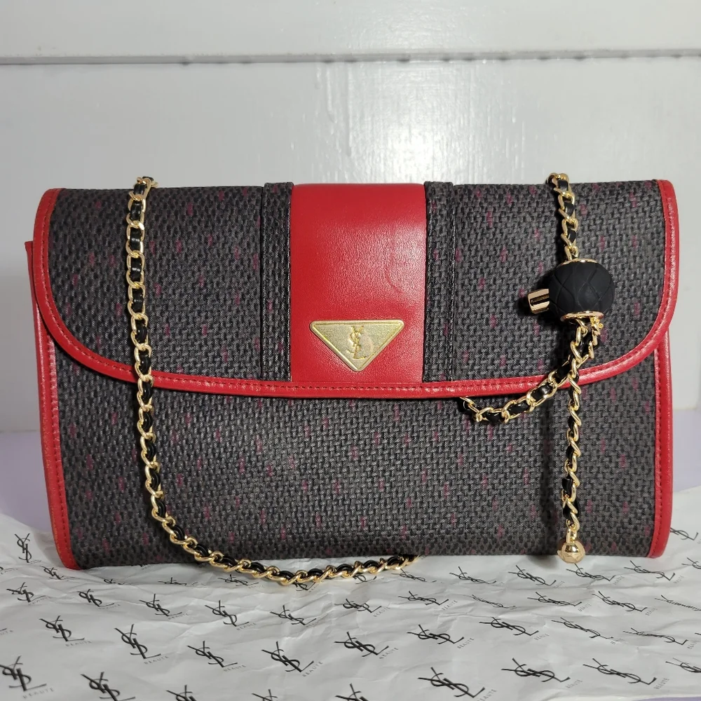Yves Saint Laurent YSL Black Woven Flap Clutch Bag Red - Picture 2 of 10